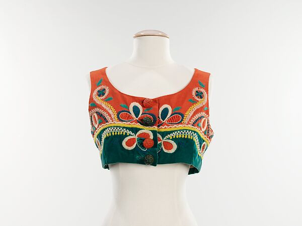 Vest, Elsa Schiaparelli (Italian, 1890–1973), linen, silk, wool, plastic, French 