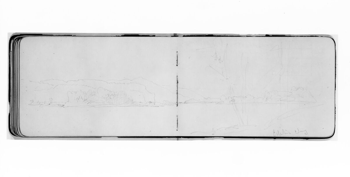 River Scene (Columbia _______?) (from Sketchbook), Albert Bierstadt (American, Solingen 1830–1902 New York), Graphite on wove paper, American