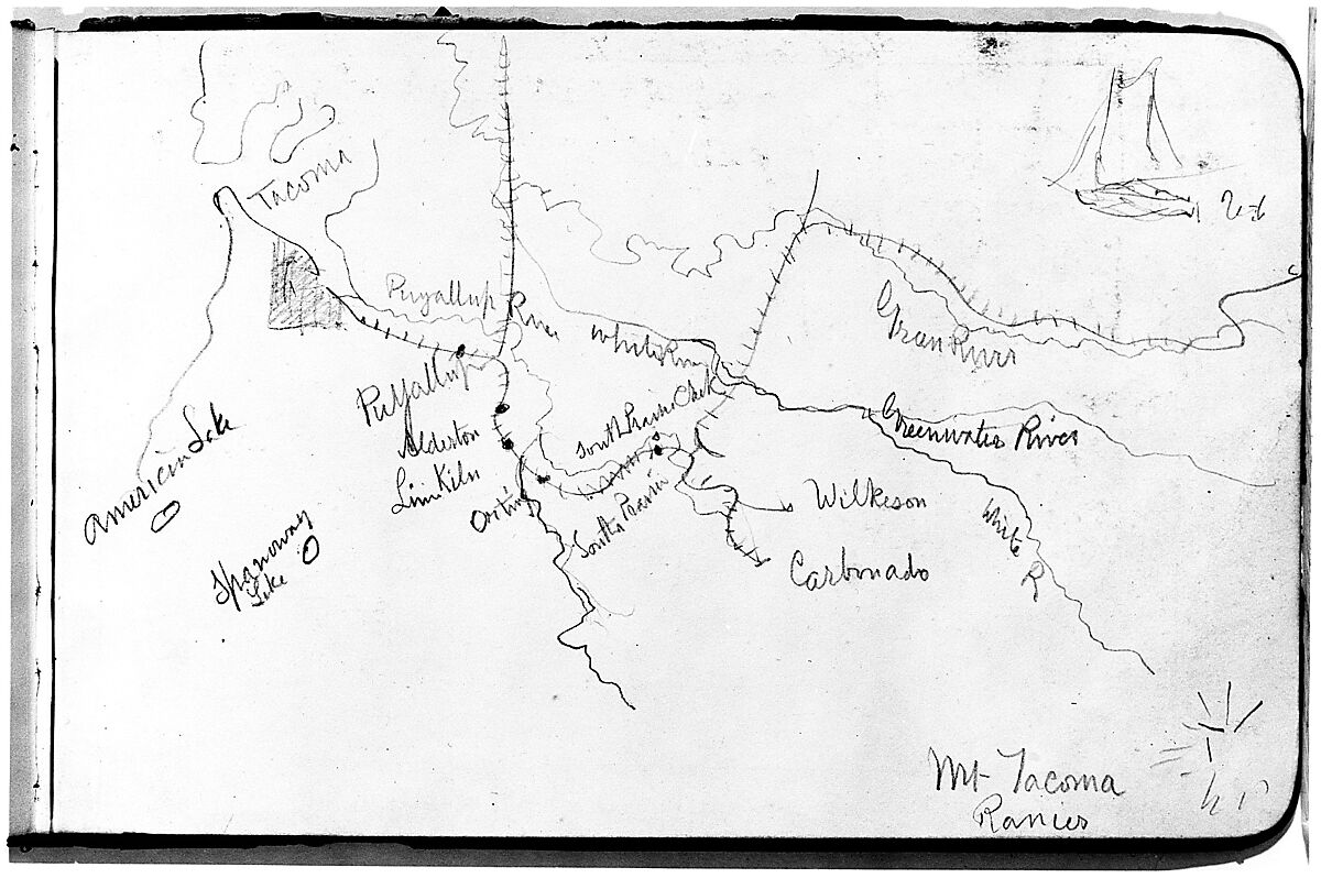Map of Region Northwest of Mount Tacoma (from Sketchbook), Albert Bierstadt (American, Solingen 1830–1902 New York), Graphite on wove paper, American