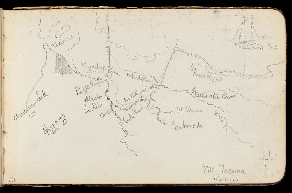 Map of Region Northwest of Mount Tacoma (from Sketchbook), Albert Bierstadt (American, Solingen 1830–1902 New York), Graphite on wove paper, American 