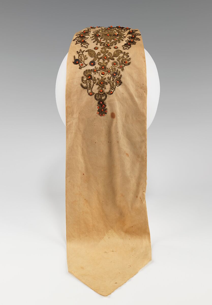 Headdress, cotton, metal, coral