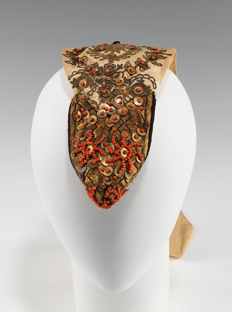 Headdress, cotton, metal, coral, European 