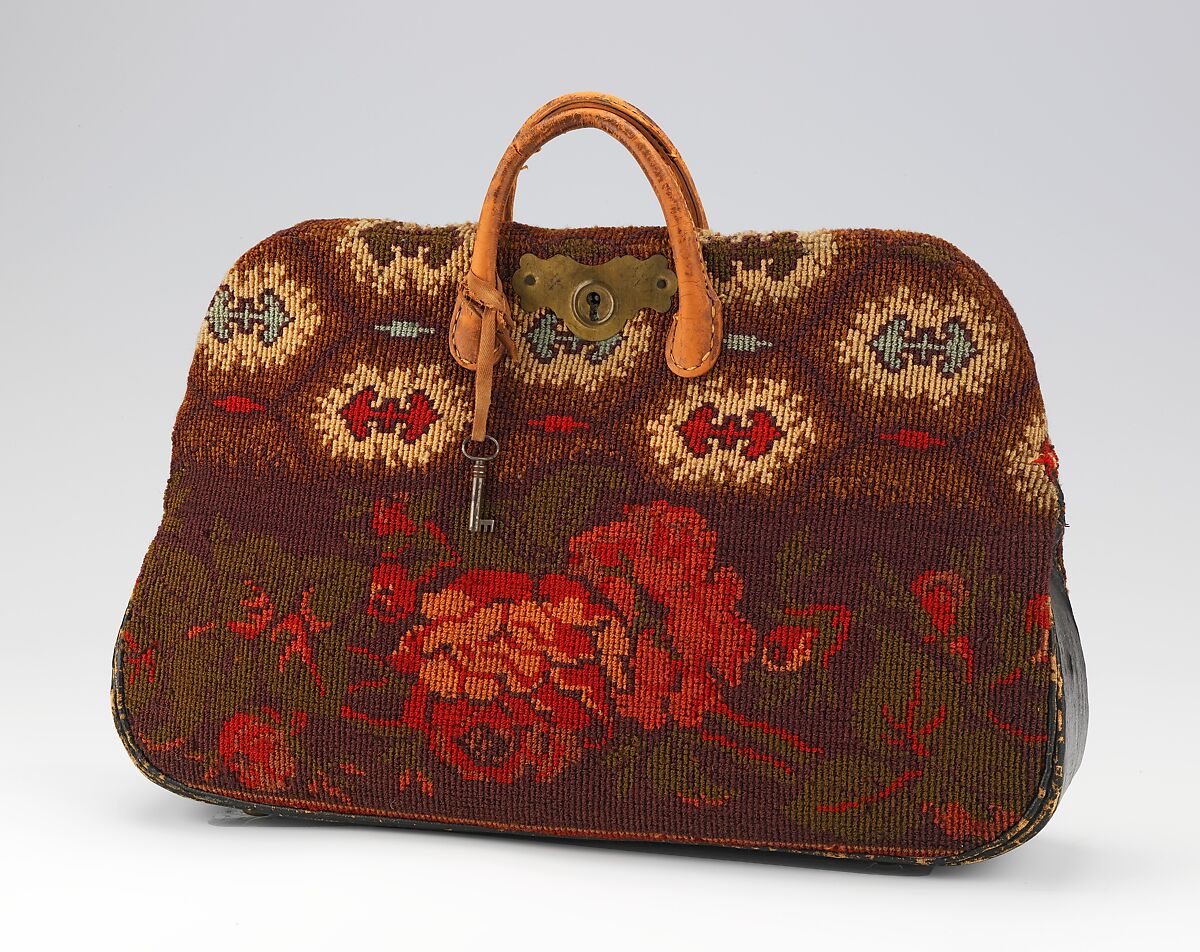 Carpetbag, wool, leather, metal, cotton, American 