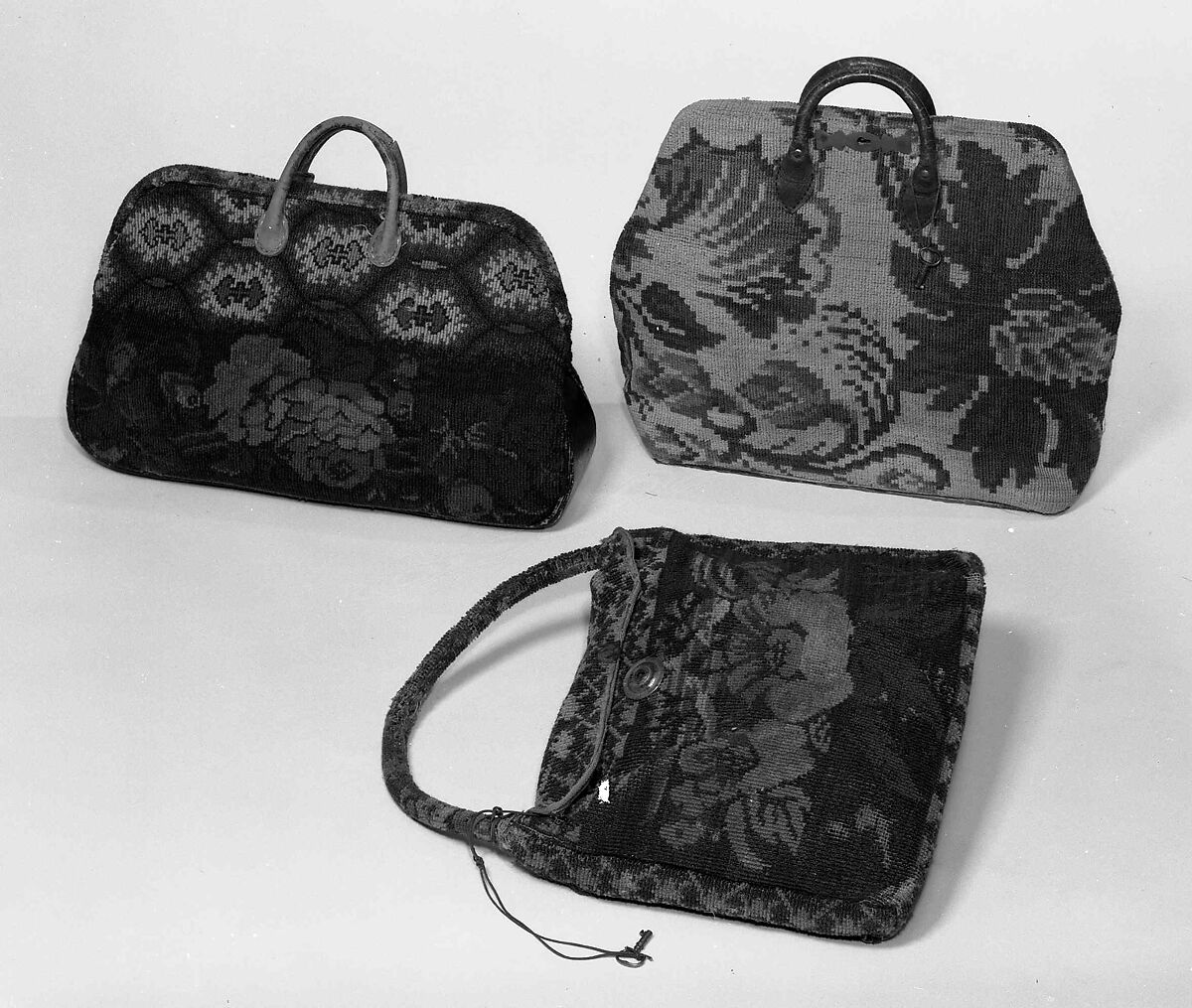 Carpetbag, wool, leather, metal, cotton, American