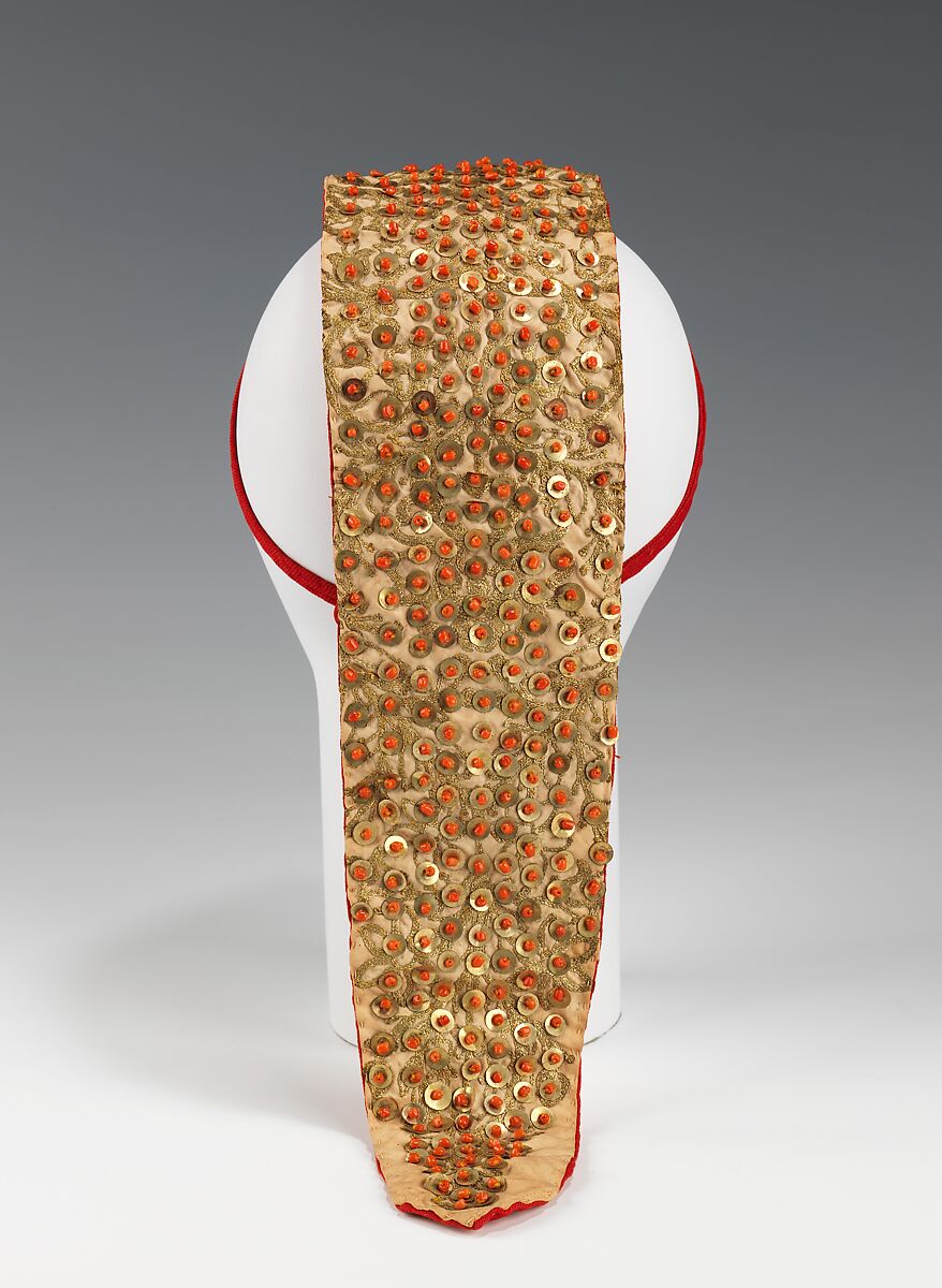 Headdress, cotton, metal, coral