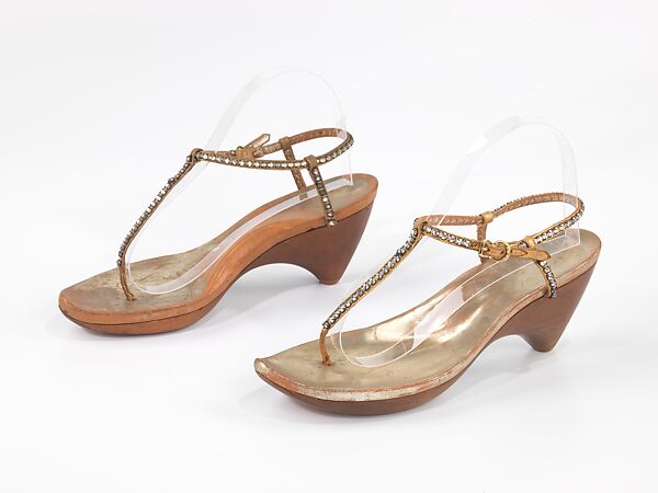 Evening thongs sandals, Beth Levine (American, Patchogue, New York 1914–2006 New York), leather, wood, rhinestones, American 