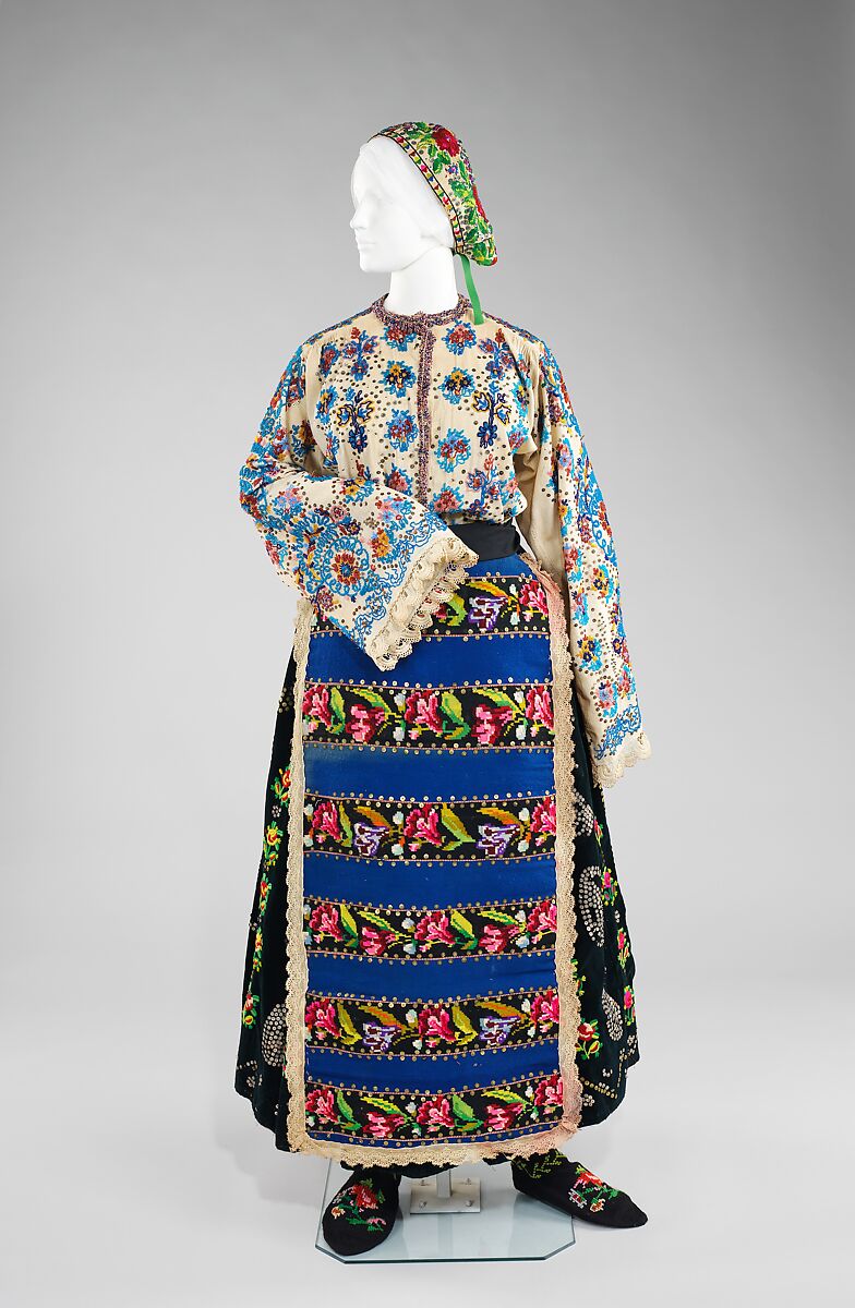 Ensemble, cotton, wool, linen, glass, metal, Russian 