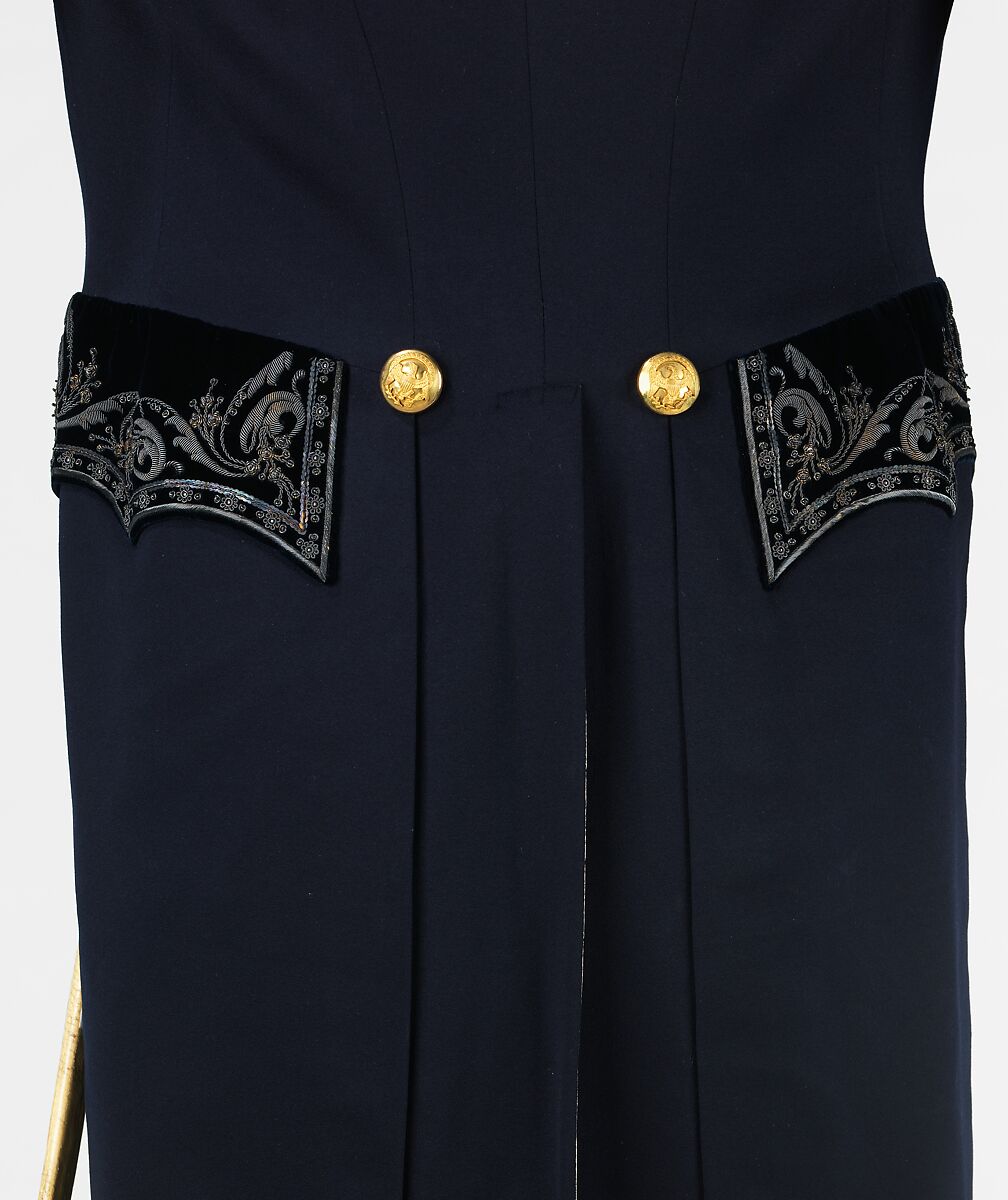 Court presentation ensemble, A. Dusautoy, wool, feathers, silk, cotton, leather, French