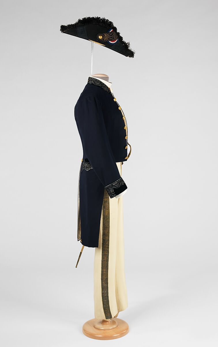Court presentation ensemble, A. Dusautoy, wool, feathers, silk, cotton, leather, French