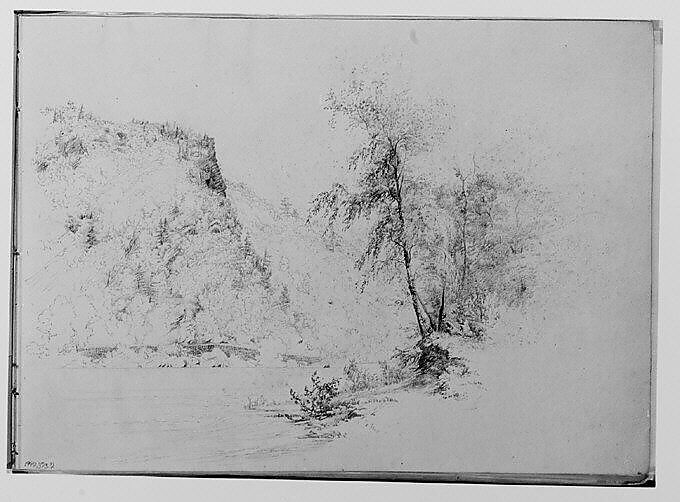 River [Delaware?] Bank Scene with Cliff (from Sketchbook), Thomas Hewes Hinckley (1813–1896), Graphite on beige paper, American 