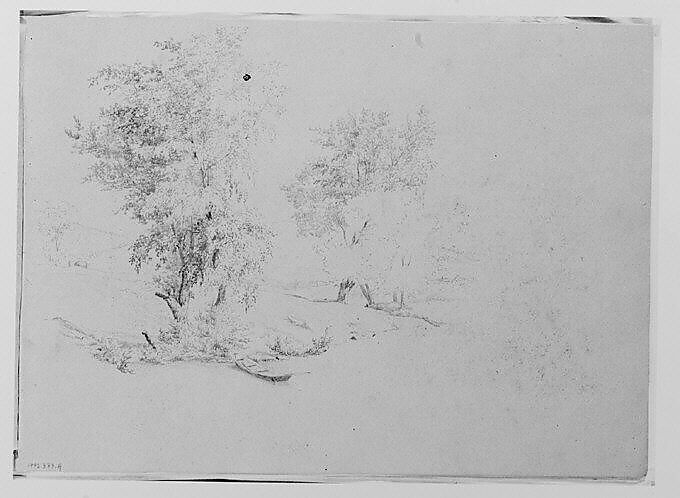 Stream Bank with Trees, Dinghy (from Sketchbook), Thomas Hewes Hinckley (1813–1896), Graphite on green-tinted paper, American 