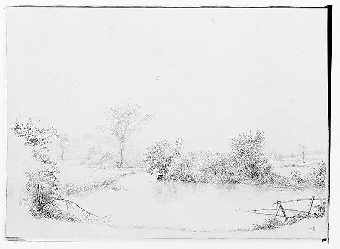 Pond or Creek in a New Hampshire Meadow (from Sketchbook), Thomas Hewes Hinckley (1813–1896), Graphite on green-tinted paper, American 