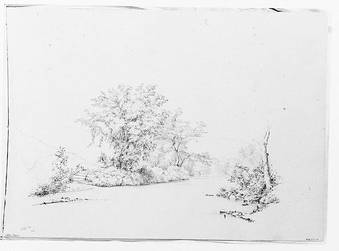 River View [Delaware?] Bordered by Trees (from Sketchbook), Thomas Hewes Hinckley (1813–1896), Graphite on buff paper, American