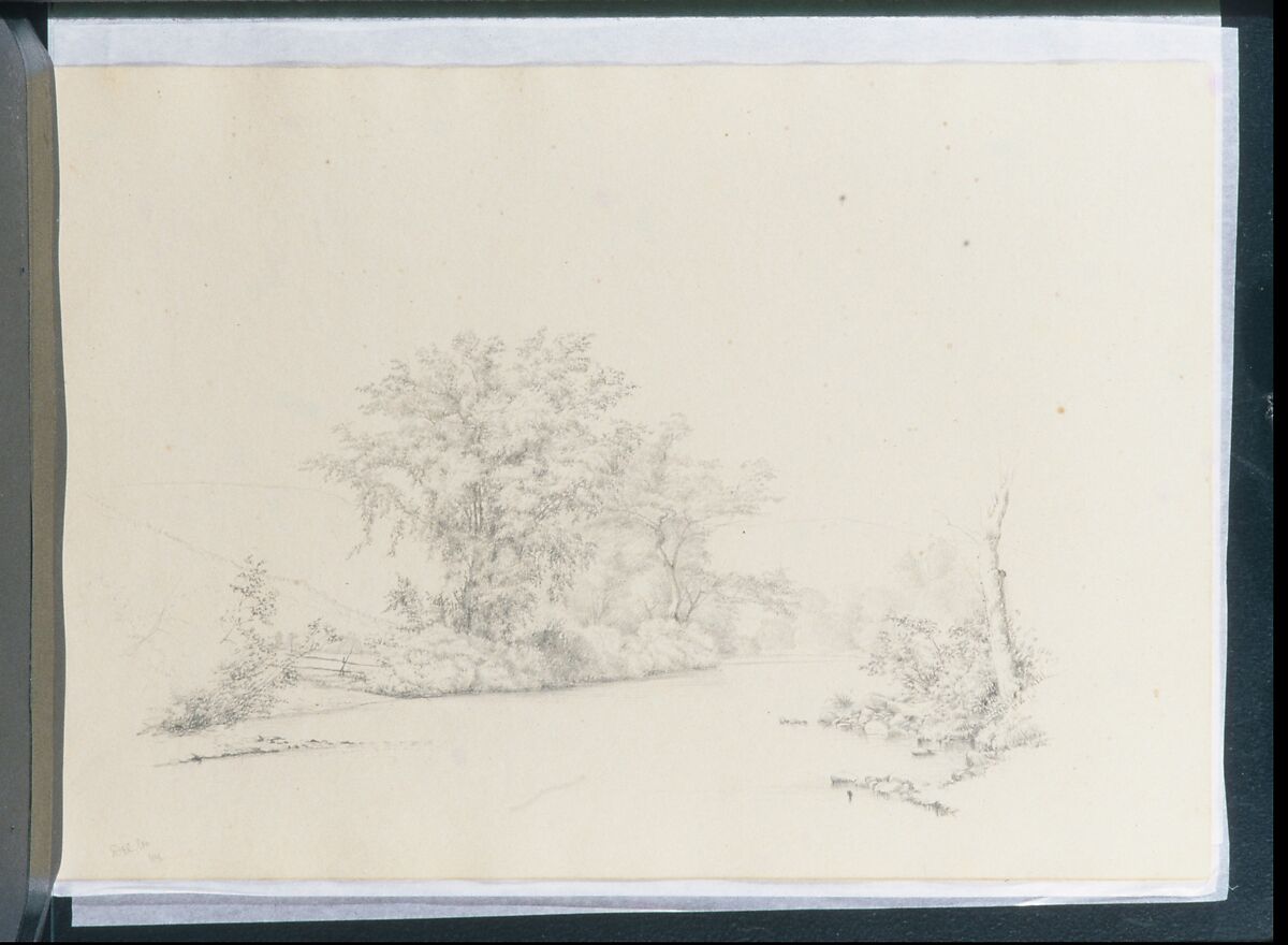 River View [Delaware?] Bordered by Trees (from Sketchbook), Thomas Hewes Hinckley (1813–1896), Graphite on buff paper, American 