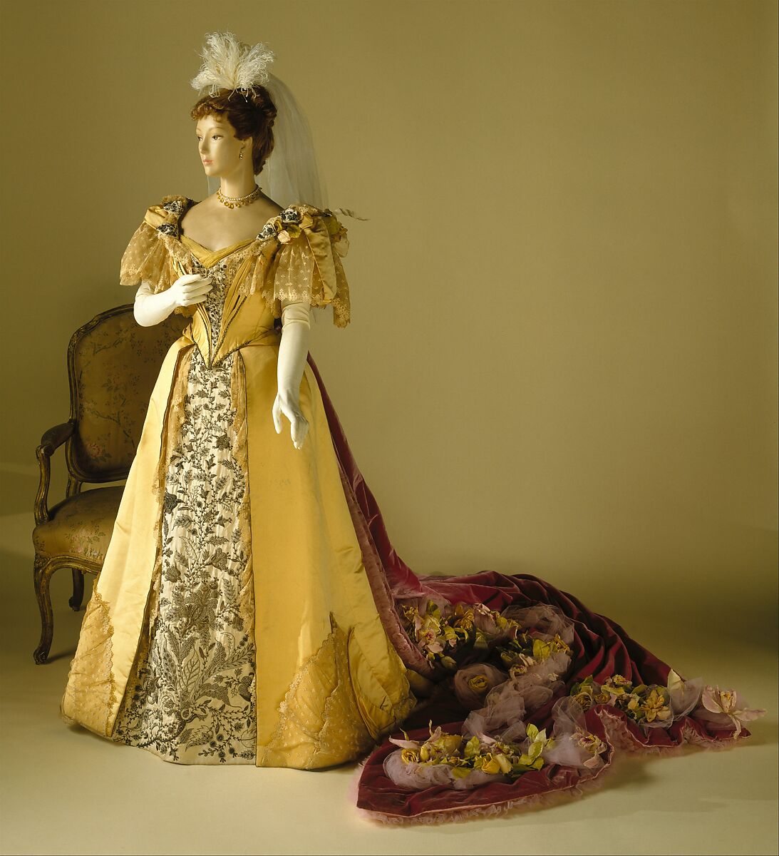 Court presentation ensemble, silk, metal, cotton, leather, probably American