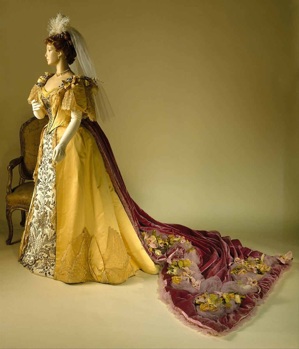 Court presentation ensemble, silk, metal, cotton, leather, probably American