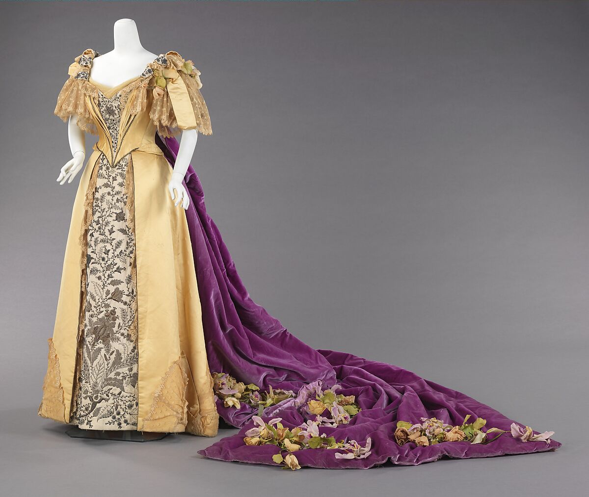 Court presentation ensemble, silk, metal, cotton, leather, probably American 