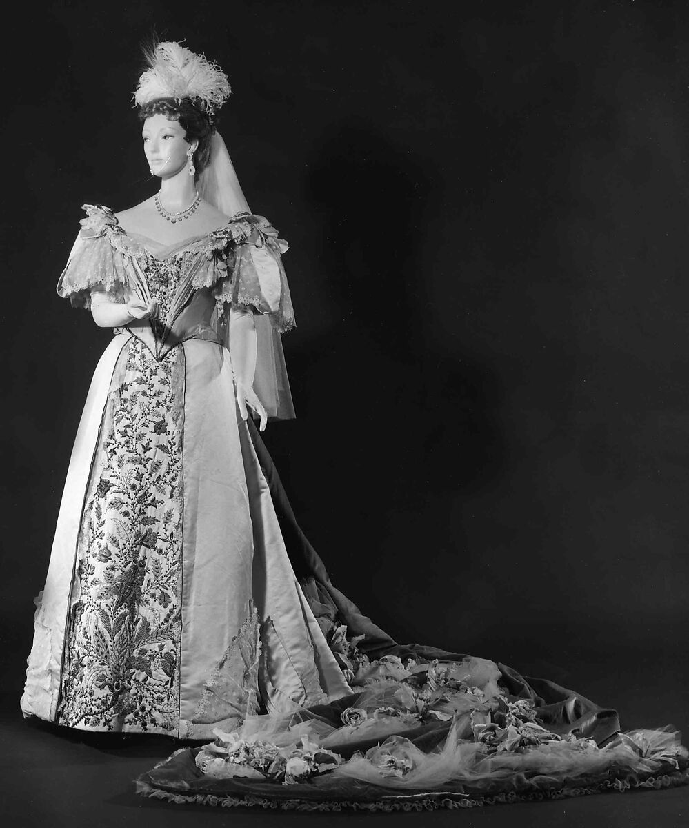 Court presentation ensemble, silk, metal, cotton, leather, probably American