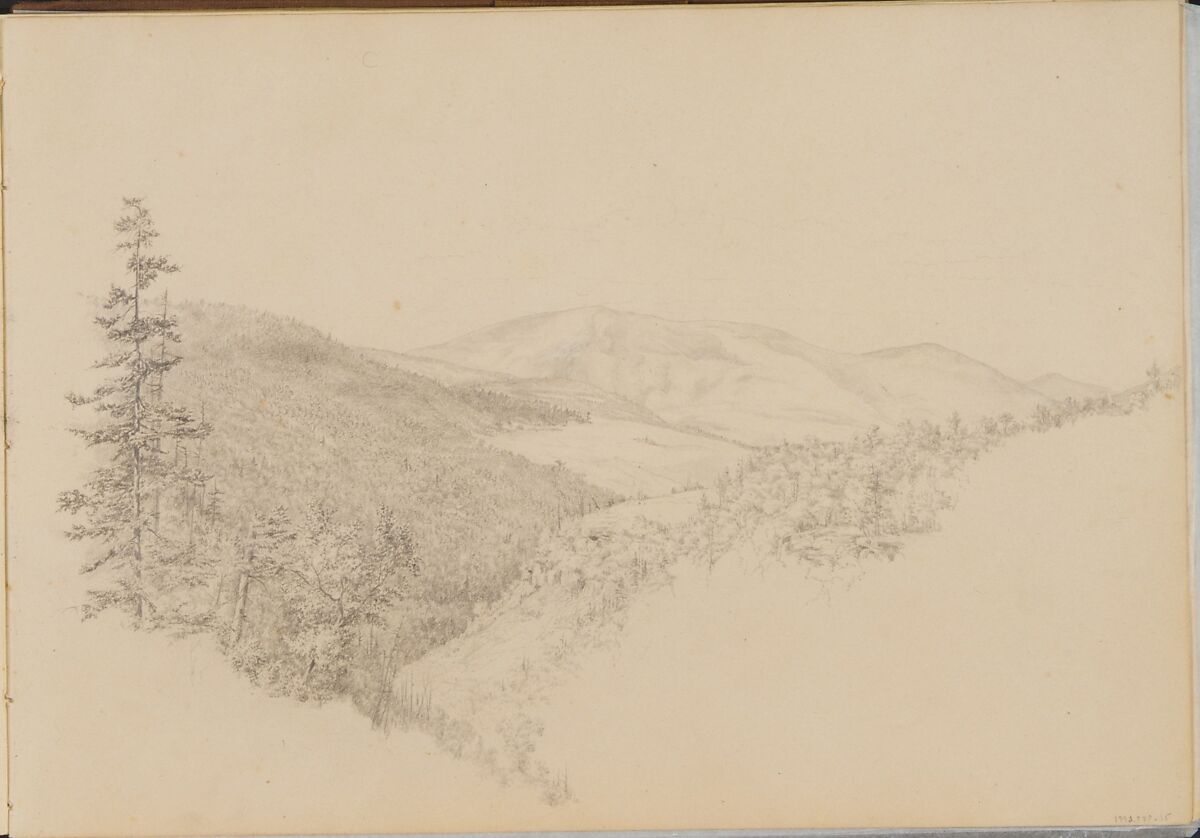 Kauterskill Clove (from Sketchbook of Landscape and Animal Subjects), Thomas Hewes Hinckley (1813–1896), Graphite, ink washes, and gouache on off-white wove paper, American 