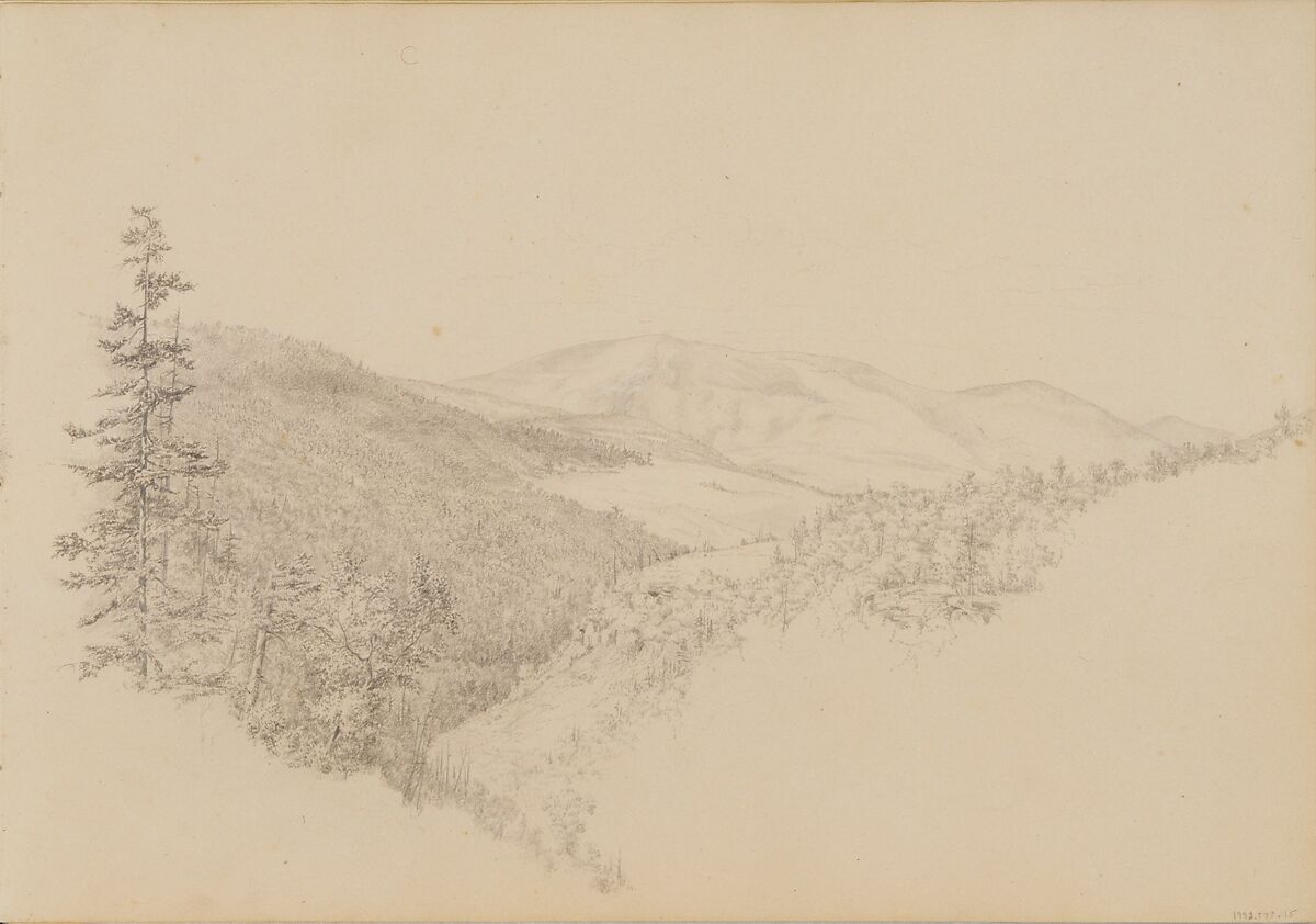 Catskill Clove (from Sketchbook), Thomas Hewes Hinckley (1813–1896), Graphite on beige paper, American