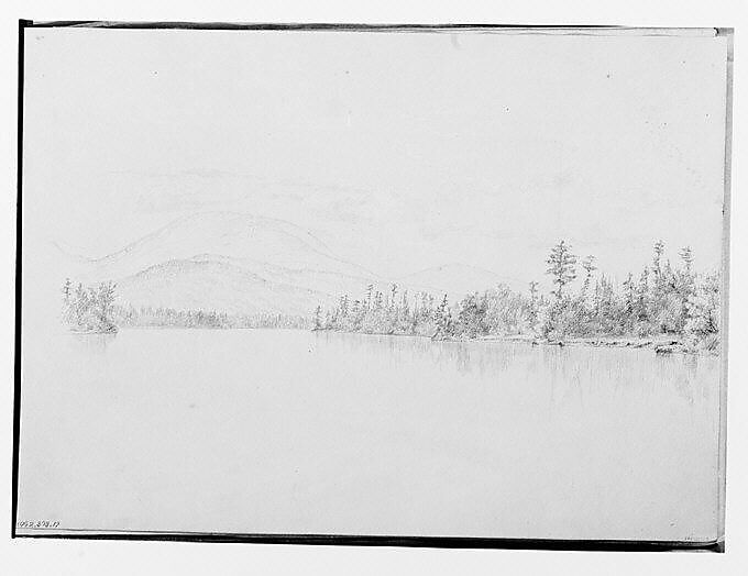 View Across A Lake or River to Mountains (from Sketchbook), Thomas Hewes Hinckley (1813–1896), Graphite, watercolor, on beige paper, American 