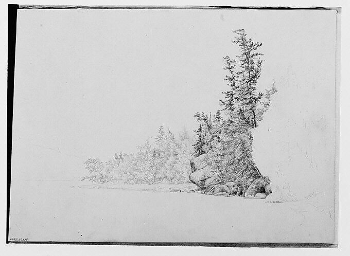 Lake or River Bank Bordered by Trees (from Sketchbook), Thomas Hewes Hinckley (1813–1896), Graphite on buff paper, American 