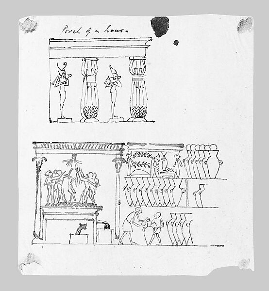 Egyptian Winepress and Architectural Motifs (from Scrapbook), John Singer Sargent (American, Florence 1856–1925 London), Graphite and pen and ink on tracing paper, American 