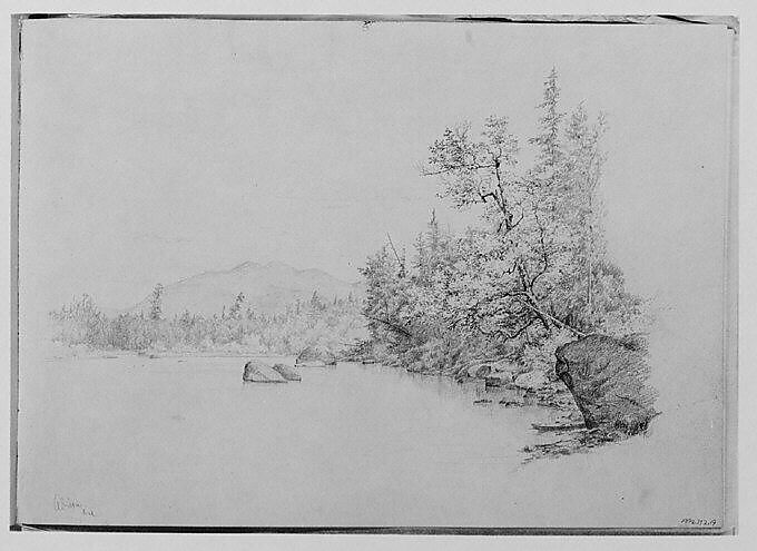 Adirondack Lake and Mountain View, 1864 (from Sketchbook), Thomas Hewes Hinckley (1813–1896), Graphite on buff paper, American 