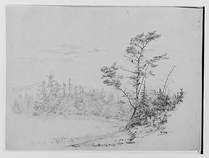 Lakeshore View [Long Lake?] (from Sketchbook), Thomas Hewes Hinckley (1813–1896), Graphite, watercolor on green-tinted paper, American 