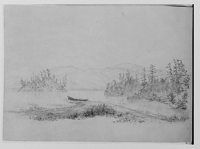 Lake View with Dinghy [Long Lake?] (from Sketchbook), Thomas Hewes Hinckley (1813–1896), Graphite on green-tinted paper, American 