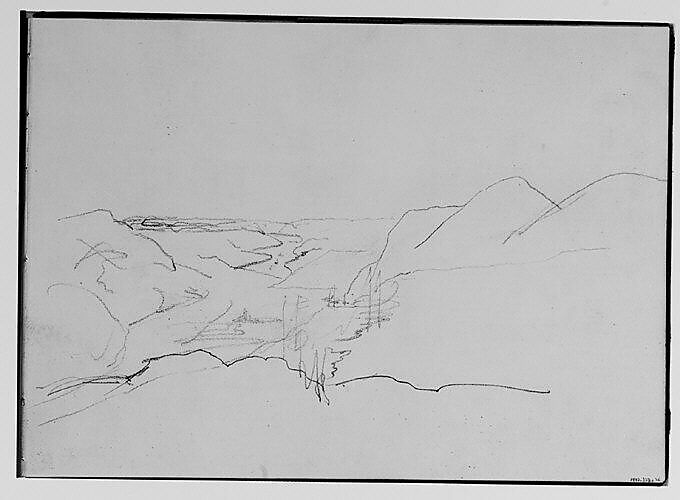 Outline of a Mountain and River View (from Sketchbook), Thomas Hewes Hinckley (1813–1896), Graphite on beige paper, American 
