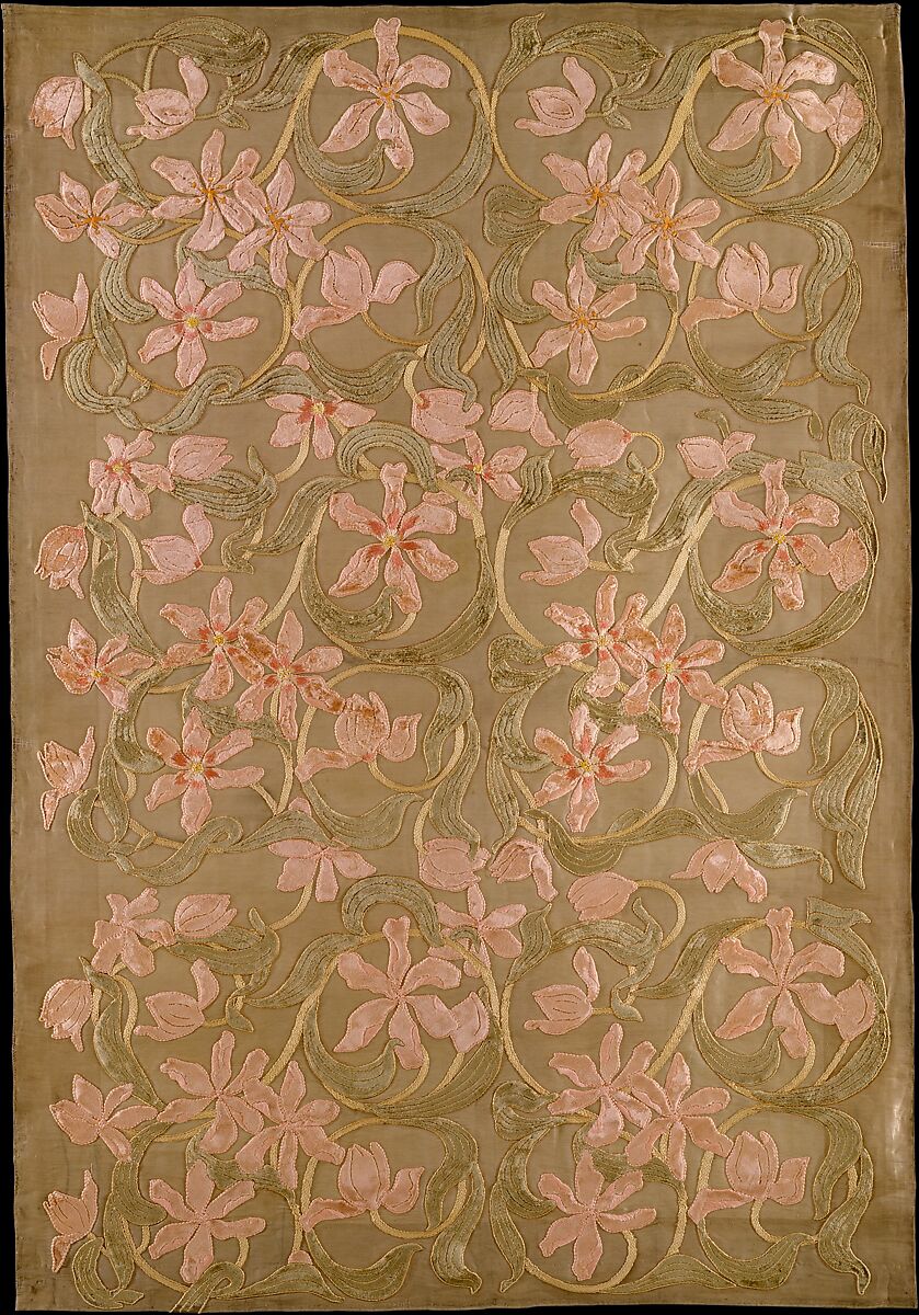 Tulips panel, Candace Wheeler  American, Silk and metallic cloth appliqued with silk velvet and embroidered with silk and metallic-wrapped cotton threads, American