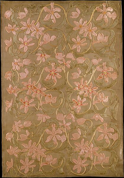 Tulips panel, Candace Wheeler (American, Delhi, New York 1827–1923 New York), Silk and metallic cloth appliqued with silk velvet and embroidered with silk and metallic-wrapped cotton threads, American 