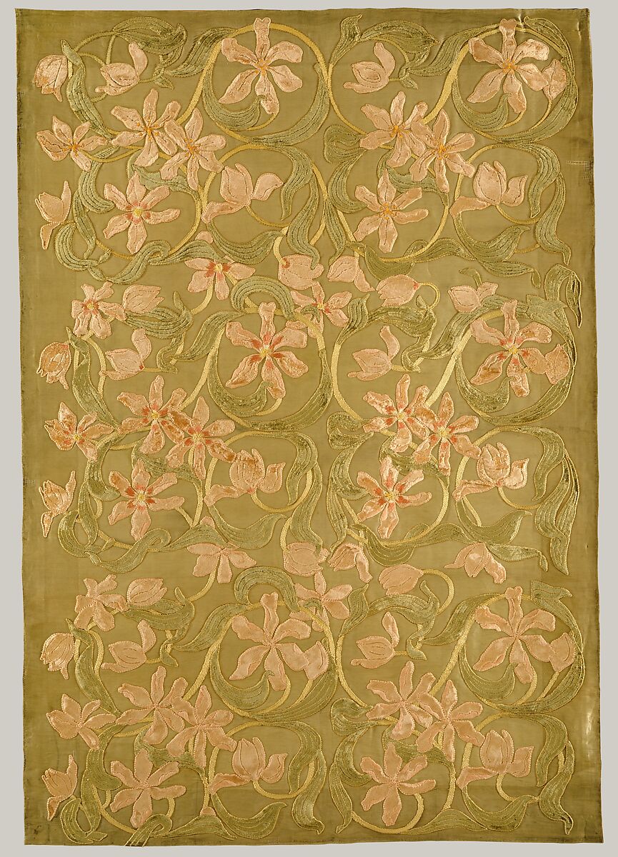 Tulips panel, Candace Wheeler (American, Delhi, New York 1827–1923 New York), Silk and metallic cloth appliqued with silk velvet and embroidered with silk and metallic-wrapped cotton threads, American