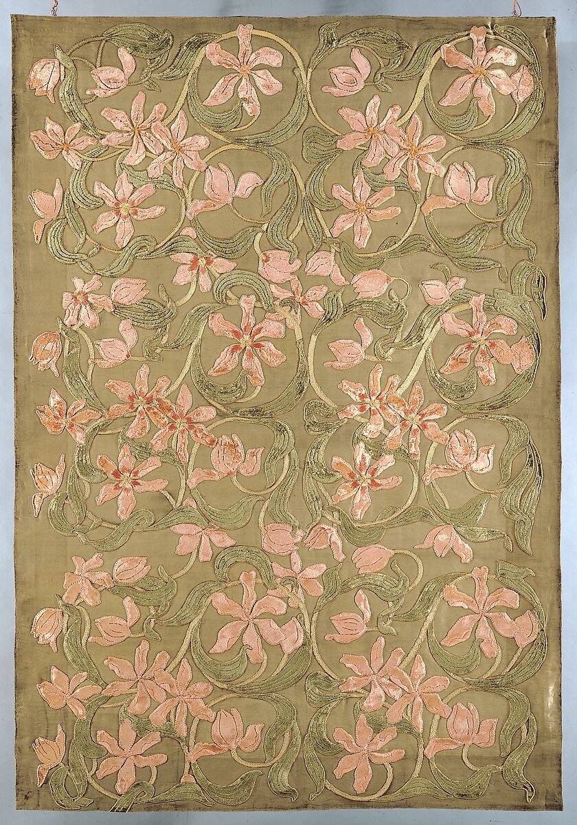 Tulips panel, Candace Wheeler (American, Delhi, New York 1827–1923 New York), Silk and metallic cloth appliqued with silk velvet and embroidered with silk and metallic-wrapped cotton threads, American