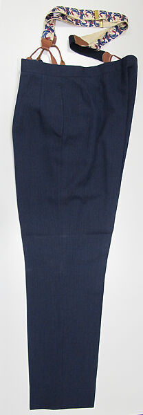 Suit, (a) wool; (b) wool; (c) silk; (d) silk, leather, metal; (e) cotton; (f) metal; (g, h) metal, enamel; (i) silk; (j, k) cotton, synthetic; (l, m) silk, leather, metal; (n, o) leather; (p) wool, silk, leather; (q) wood, rubber., American