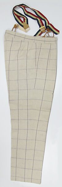Suit, (a) linen; (b) linen, metal; (c) silk; (d) silk, leather, metal; (e) cotton; (f) metal; (g, h) metal, enamel; (i) silk; (j, k) cotton; (l, m) leather; (n) wool, silk, leather; (o) enamel, synthetic., American