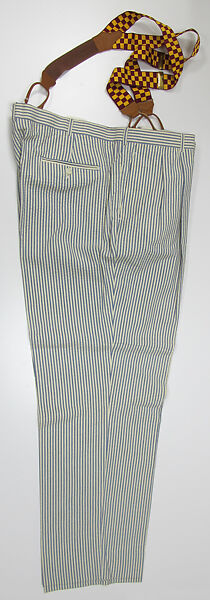 Suit, (a) cotton, synthetic; (b) cotton, synthetic, metal; (c) silk; (d) silk, leather, metal; (e) cotton; (f, g) metal, enamel; (h) silk; (i, j) cotton; (k, l) leather; (m) straw, silk, leather; (n) wood, horn, synthetic., American