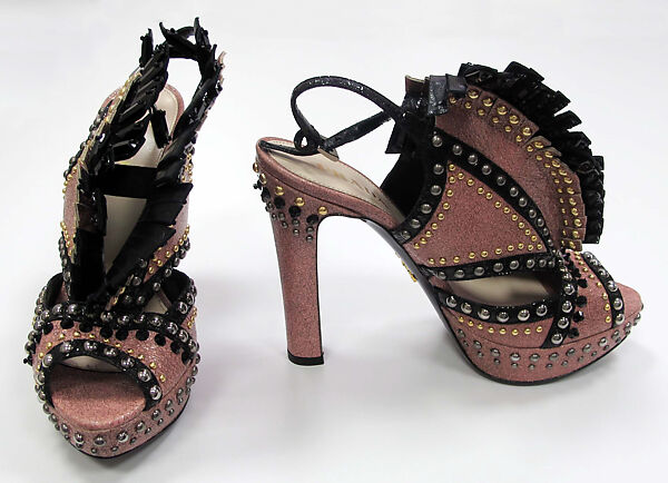 Ensemble, Prada (Italian, founded 1913), (a) leather, synthetic; (b) synthetic; (c, d) leather, synthetic, metal; (e) fur, leather, silk, synthetic, metal, Italian