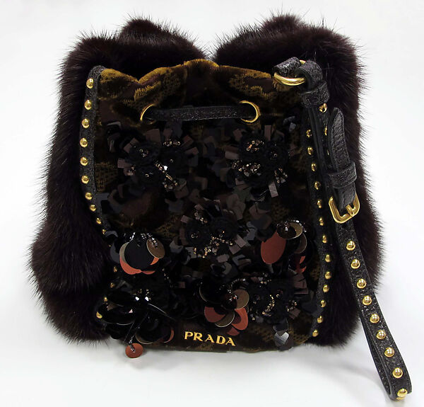 Ensemble, Prada (Italian, founded 1913), (a) leather, synthetic; (b) synthetic; (c, d) leather, synthetic, metal; (e) fur, leather, silk, synthetic, metal, Italian