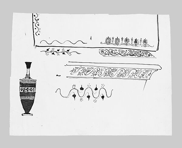 Classical Ornament and Greek Lekythoi (from Scrapbook), John Singer Sargent (American, Florence 1856–1925 London), Pen and ink on off-white wove paper, American 