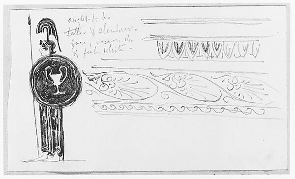 Classical Ornament and Warrior (from Scrapbook), John Singer Sargent (American, Florence 1856–1925 London), Graphite on off-white wove paper, American