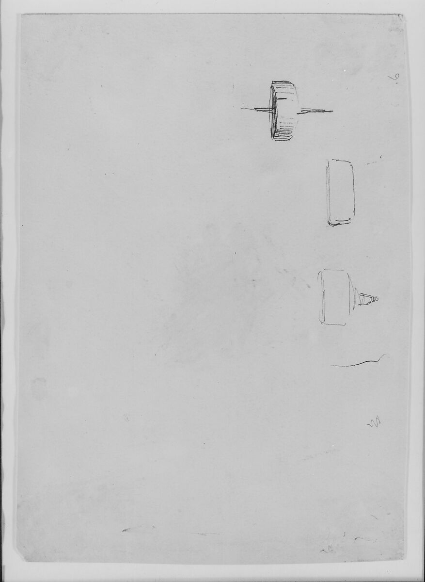 Sketches of Wheels, Drums (from Sketchbook), James McNeill Whistler (American, Lowell, Massachusetts 1834–1903 London), Brown ink on off-white wove paper, American 