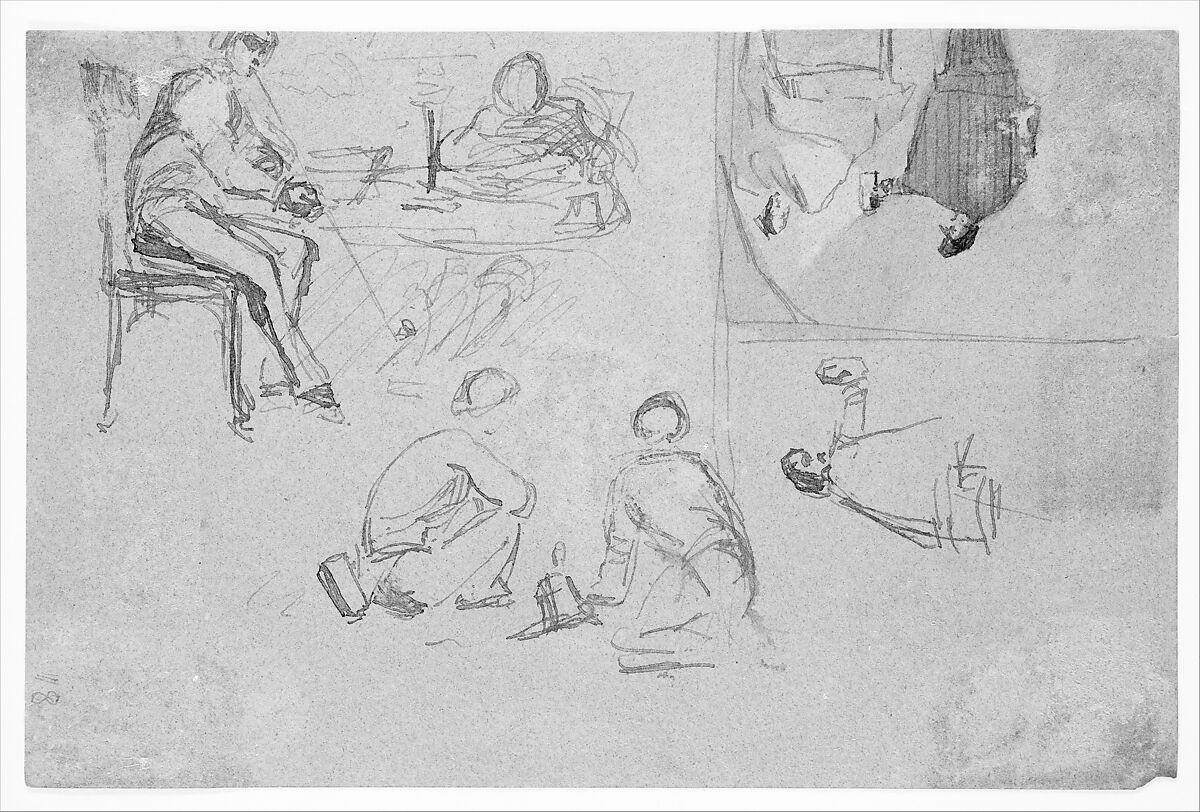 Four sketches (from Sketchbook), James McNeill Whistler (American, Lowell, Massachusetts 1834–1903 London), Brown ink, gouache and graphite on greenish-brown wove paper, American 