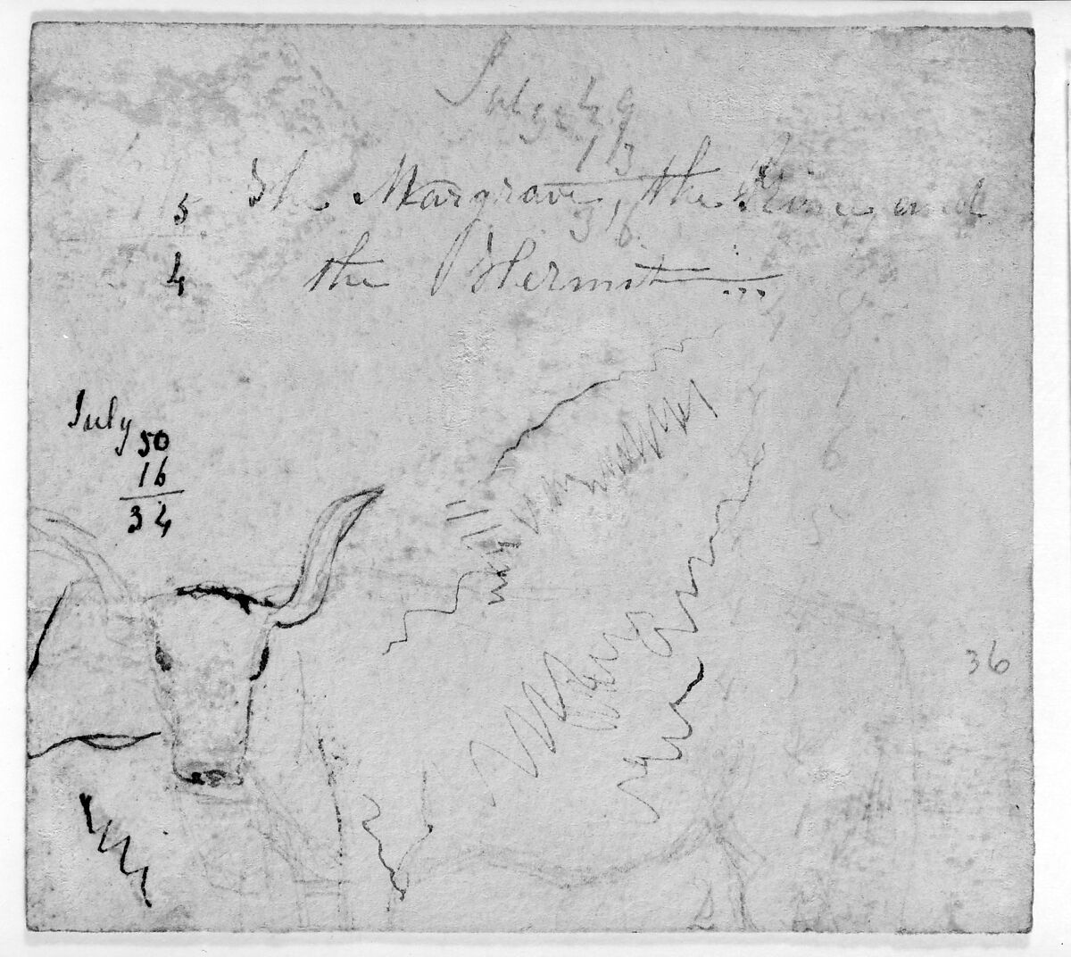 Mathmatical Computaions; Sketch of a Steer; Partial Unidentified Text (from Sketchbook), James McNeill Whistler (American, Lowell, Massachusetts 1834–1903 London), Brown and black ink and graphite on dark off-white-tan
 wove paper, American 