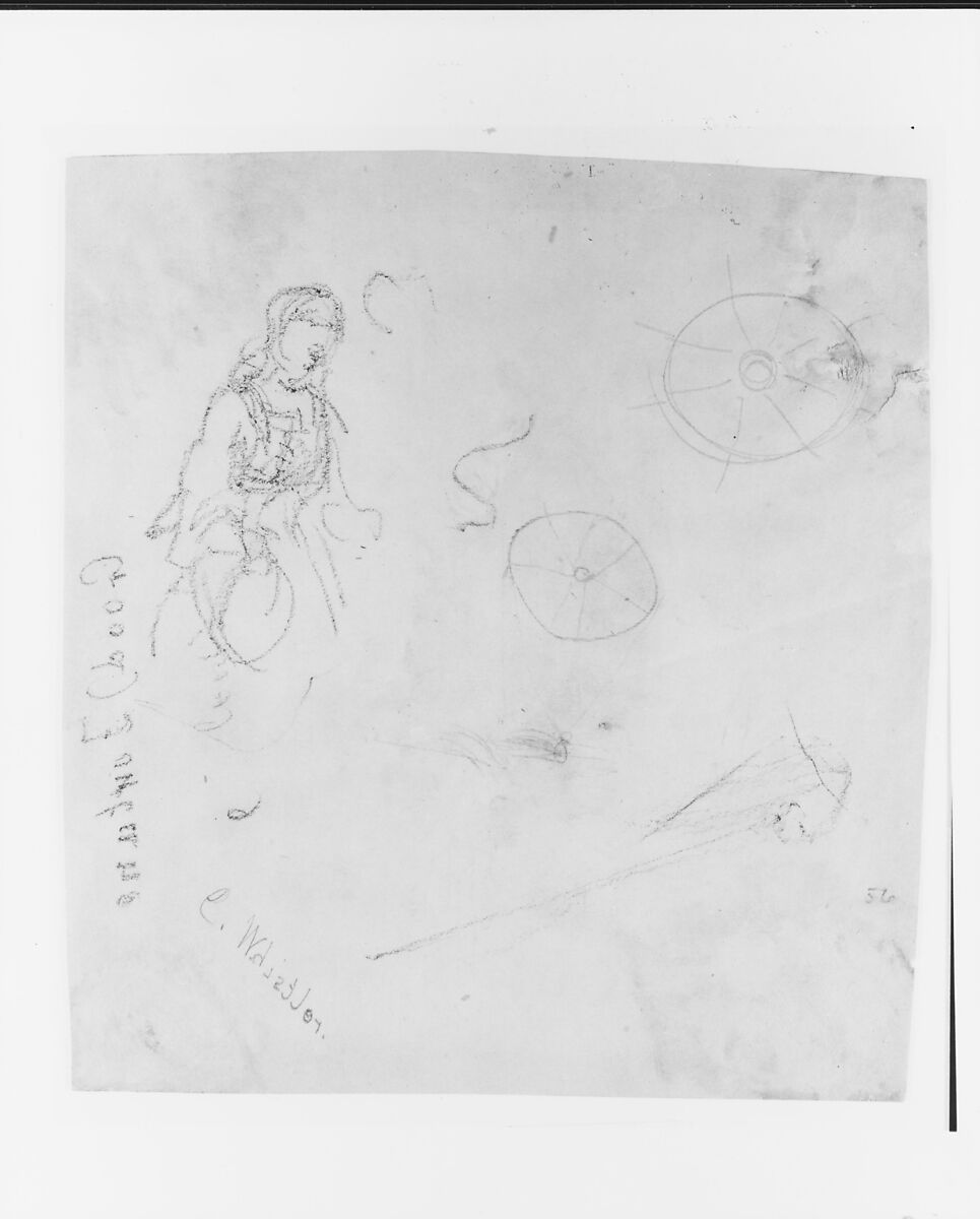 Female Figure; Wheels; Autograph (from Sketchbook), James McNeill Whistler (American, Lowell, Massachusetts 1834–1903 London), Graphite on brown wove paper, American 