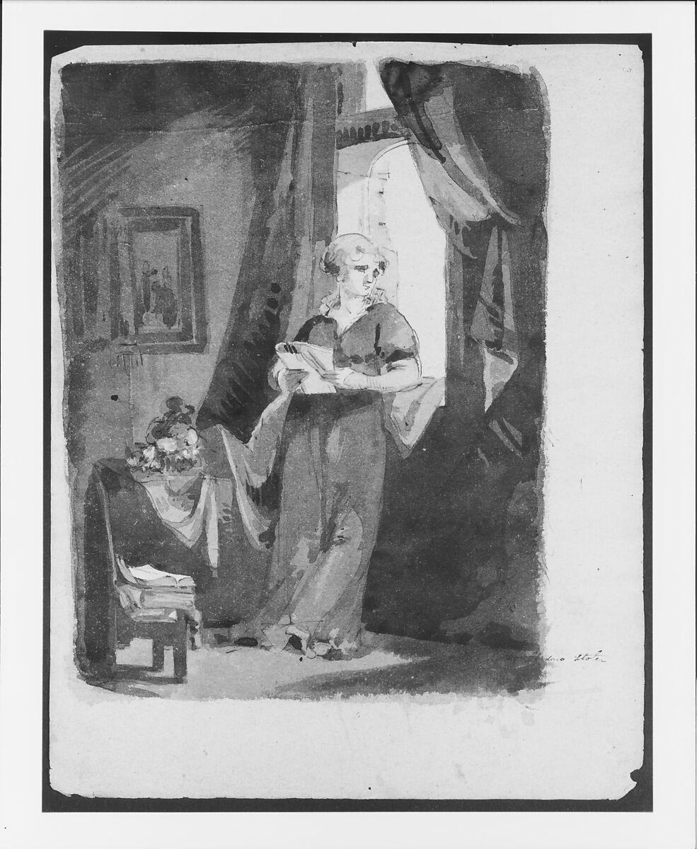 Woman at a Window (from Sketchbook), Thomas Sully (American, Horncastle, Lincolnshire 1783–1872 Philadelphia, Pennsylvania), Pen and brown ink washes (bistre?) on off-white laid paper, American
