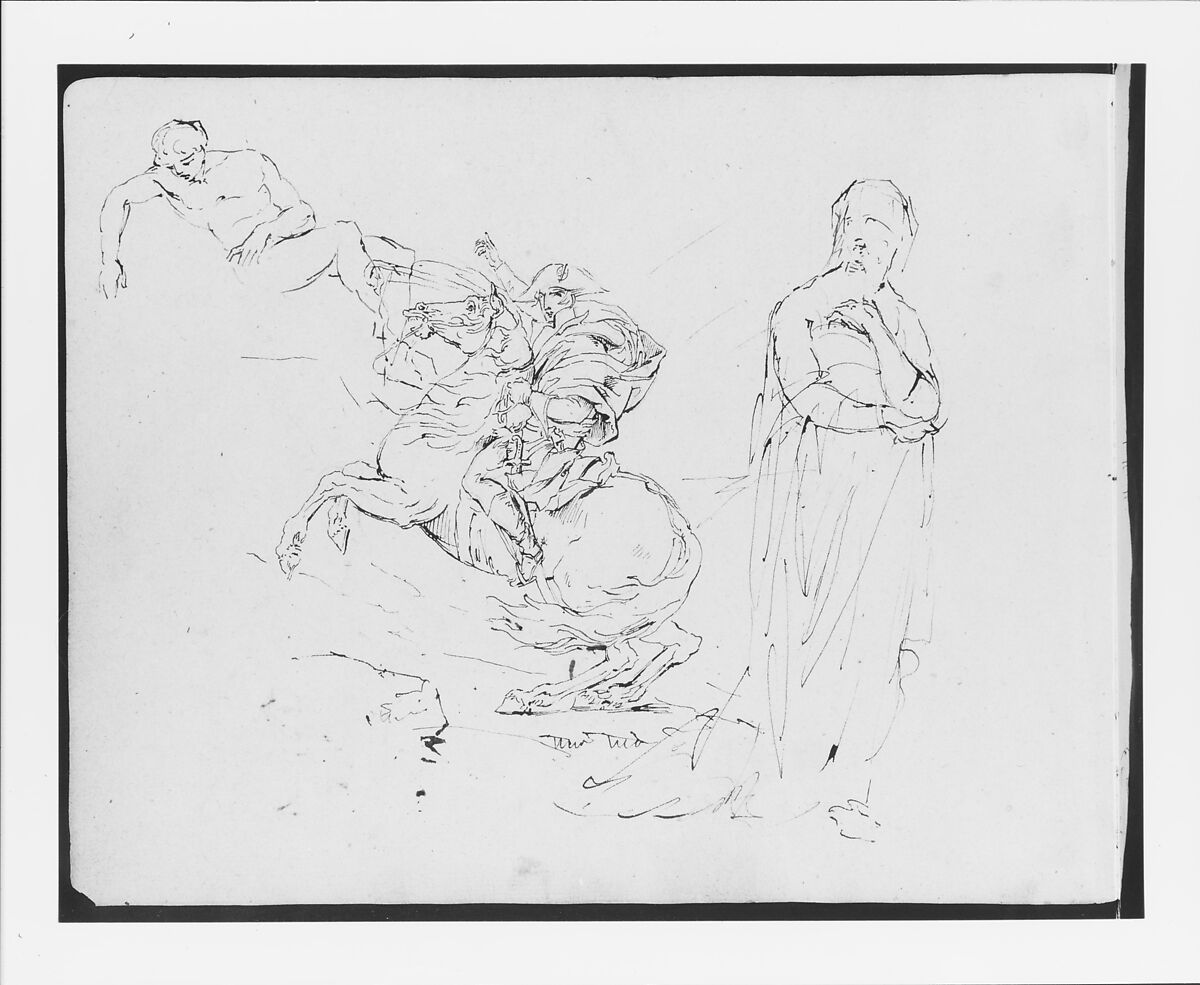 Sketch after David's Napoleon Crossing the Alps; a Recumbent Nude Male; a Standing Female (from Sketchbook), Thomas Sully (American, Horncastle, Lincolnshire 1783–1872 Philadelphia, Pennsylvania), Ink, wash, on paper, American 