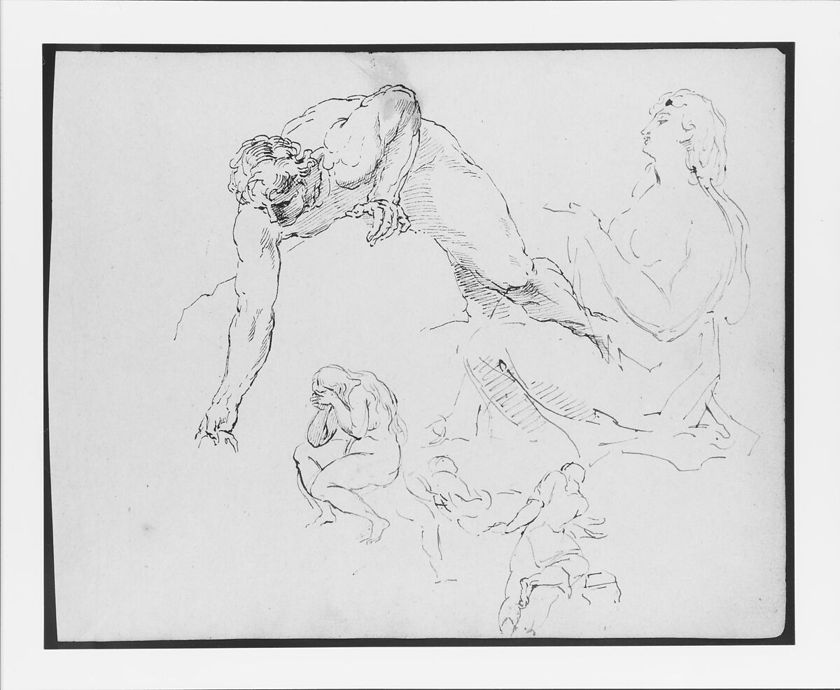 Nude Man Leaning Over Rock; Seated Female Figure; Seated Nude Female Figure with Hands to Face; Two Men Carrying Dead Body (from Sketchbook), Thomas Sully (American, Horncastle, Lincolnshire 1783–1872 Philadelphia, Pennsylvania), Ink, wash, on paper, American 