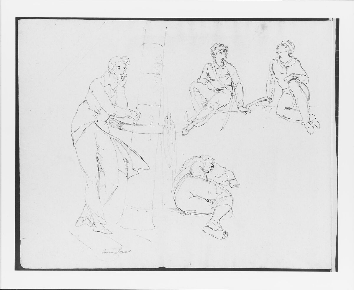 Two Seated Figures; One Sleeping Figure; Standing Man Leaning on Ship Railing (from Sketchbook), Thomas Sully (American, Horncastle, Lincolnshire 1783–1872 Philadelphia, Pennsylvania), Ink, wash, on paper, American 